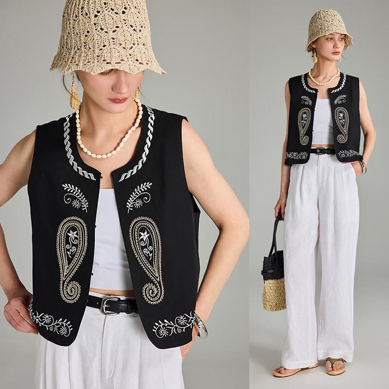 Women s Bohemian Paisley Embroidered Short Vest L чёрный