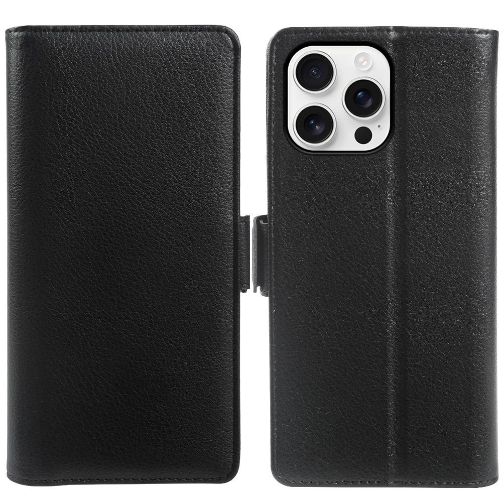 For iPhone 16 Pro Max Wallet Case with Dual Magnetic Clasp Litchi Textured Leather Flip Stand Phone Cover