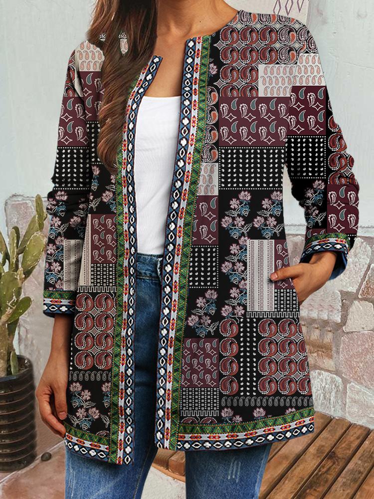 Women's Crew Neck Long Sleeve Cardigan Oversized Vintage Ethnic Print Plus Size Open Front Jacket Casual Outerwear