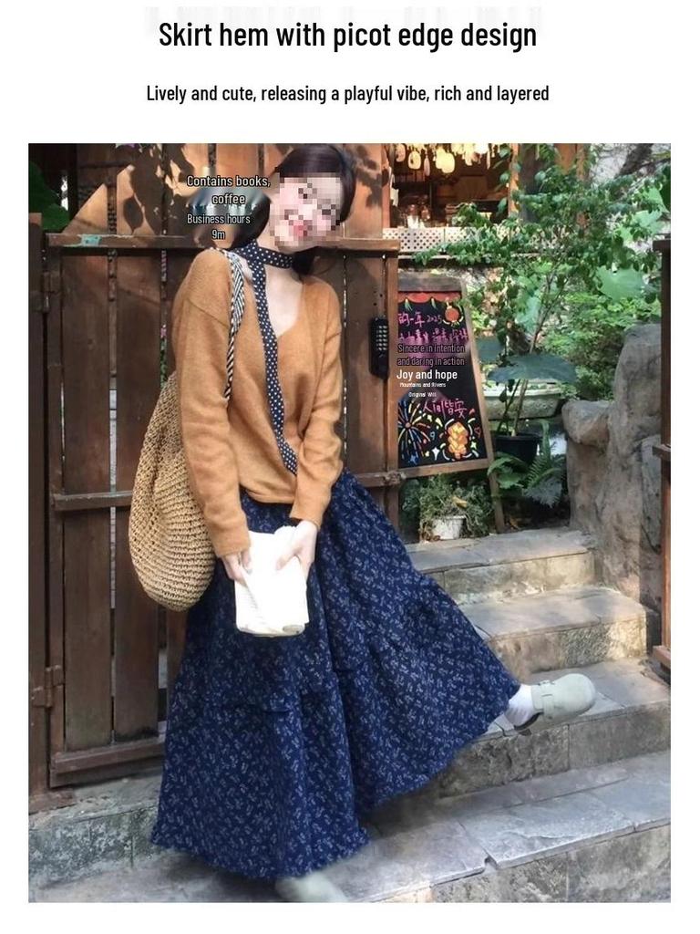 Retro Dark Blue Floral High-Waisted Midi A-line Skirt for Women - Spring 2025 Collection
