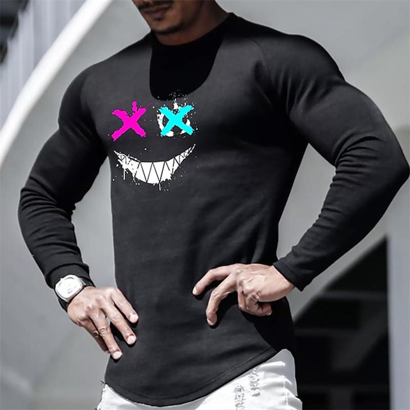 Men's Casual Autumn Breathable Long Sleeve Crewneck Printed Evil Smiley Face Pattern Clothing Y2K Top Men's Long Sleeve