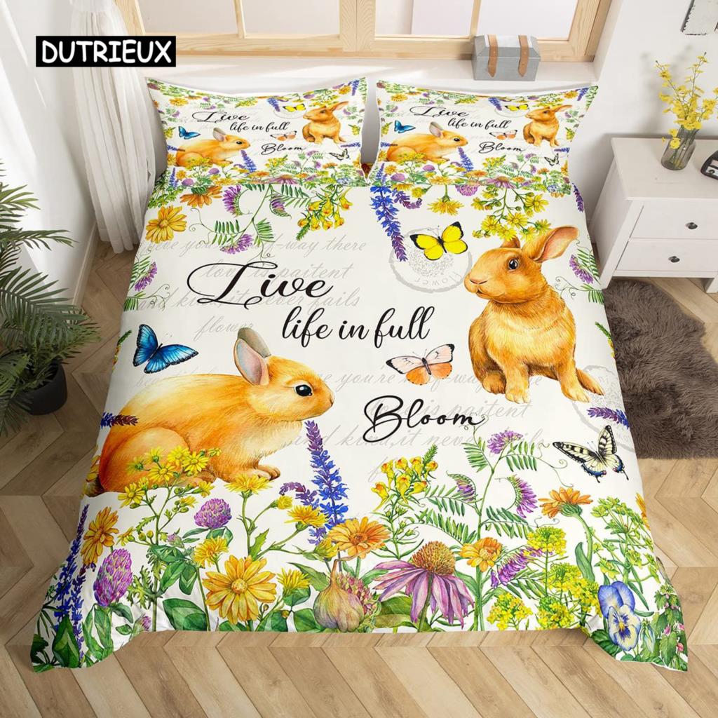 Easter Rabbit Tail Comforter Cover Pastel Pink Tulip Flowers Duvet Cover Twin Easter Eggs Kawaii Animal Bedding Set Easter Decor