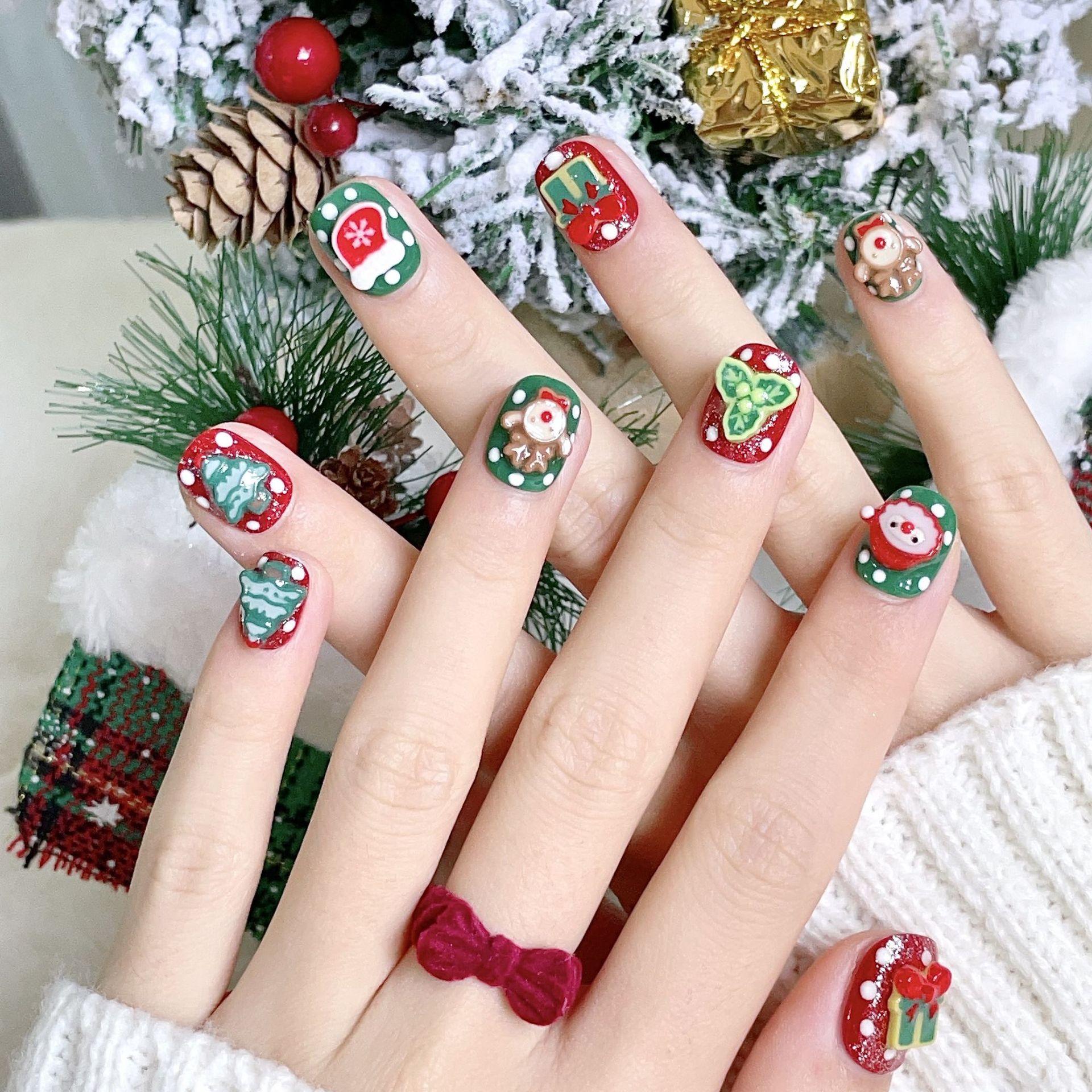 

10 шт./компл. рождественские носимые ногти чистый ручной работы нейл-арт осень и зима мультфильм 3D Санта-Клаус Рождественская елка накладные ногти носимые L