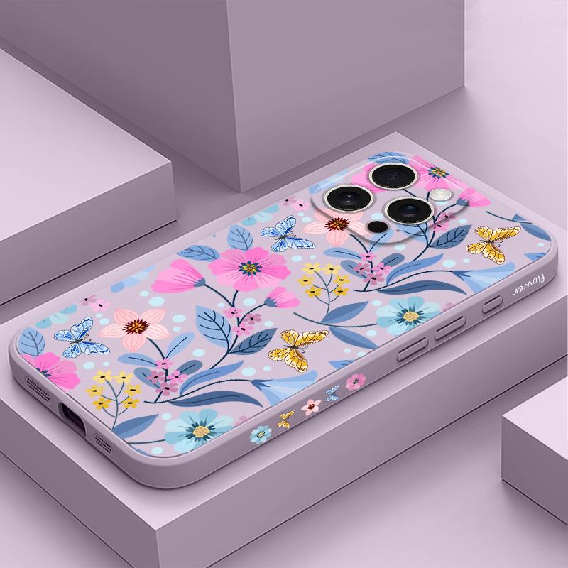 

Мягкий жидкий силиконовый чехол с цветочным узором для защиты от падений для iPhone 16 16e 15 Pro Max 14 Plus 13 12 11 Samsung Galaxy S25 XiaoMi Redmi Galaxy A26 5G фиолетовый