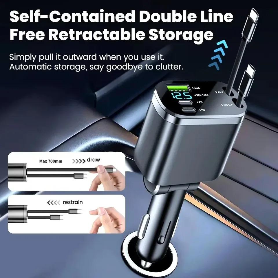 5 In 1 150W Car Charger with 2 Retractable Cables USB Type C Super Fast Charging Adapter with Voltage Display for iPhone & Android