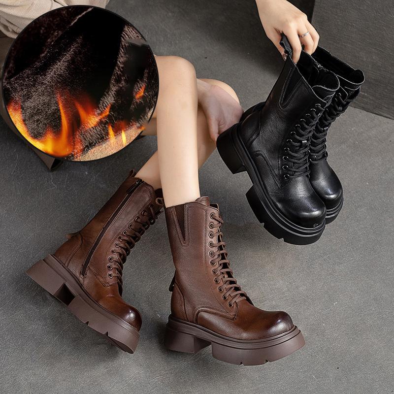Fashion GKTINOO 2025 Winter Plush Genuine Leather Women Boots Platform Booties Soft Cowhide Women's Shoes Zip Ankle Boots Zapatos Mujer