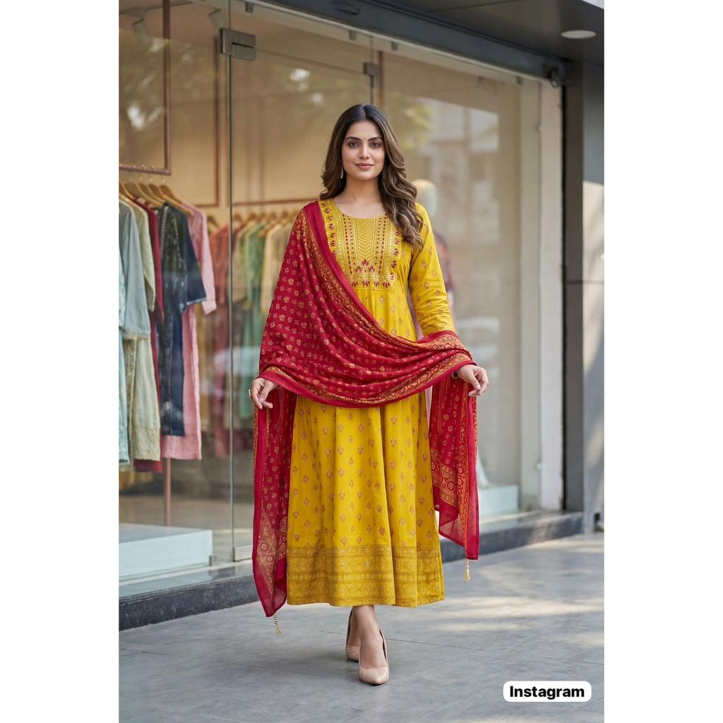 Beautiful Heavy Rayon Designer Kurti Set Women's Anarkali Kurta with Dupatta Set