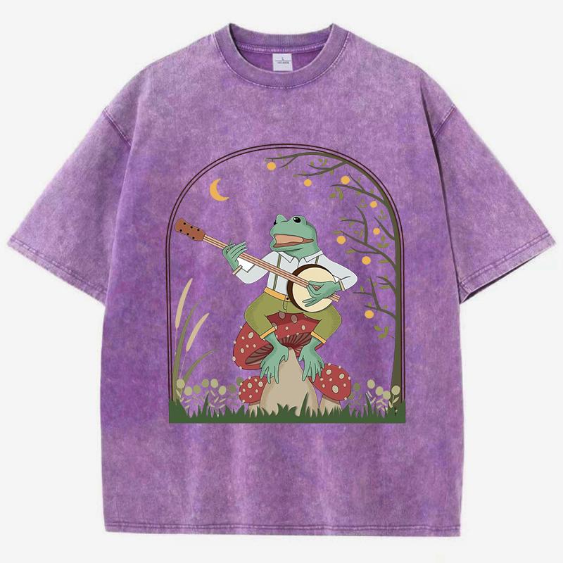Frog Playing Banjo On Mushroom Printed Washed T-Shirt Women Casual Cotton T Shirt Y2K Tops Summer Oversize Streetwear