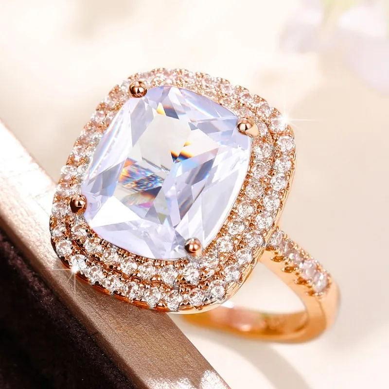Huitan European & American Pink Zircon Square Ring – Elegant Simulated Diamond Wedding Band