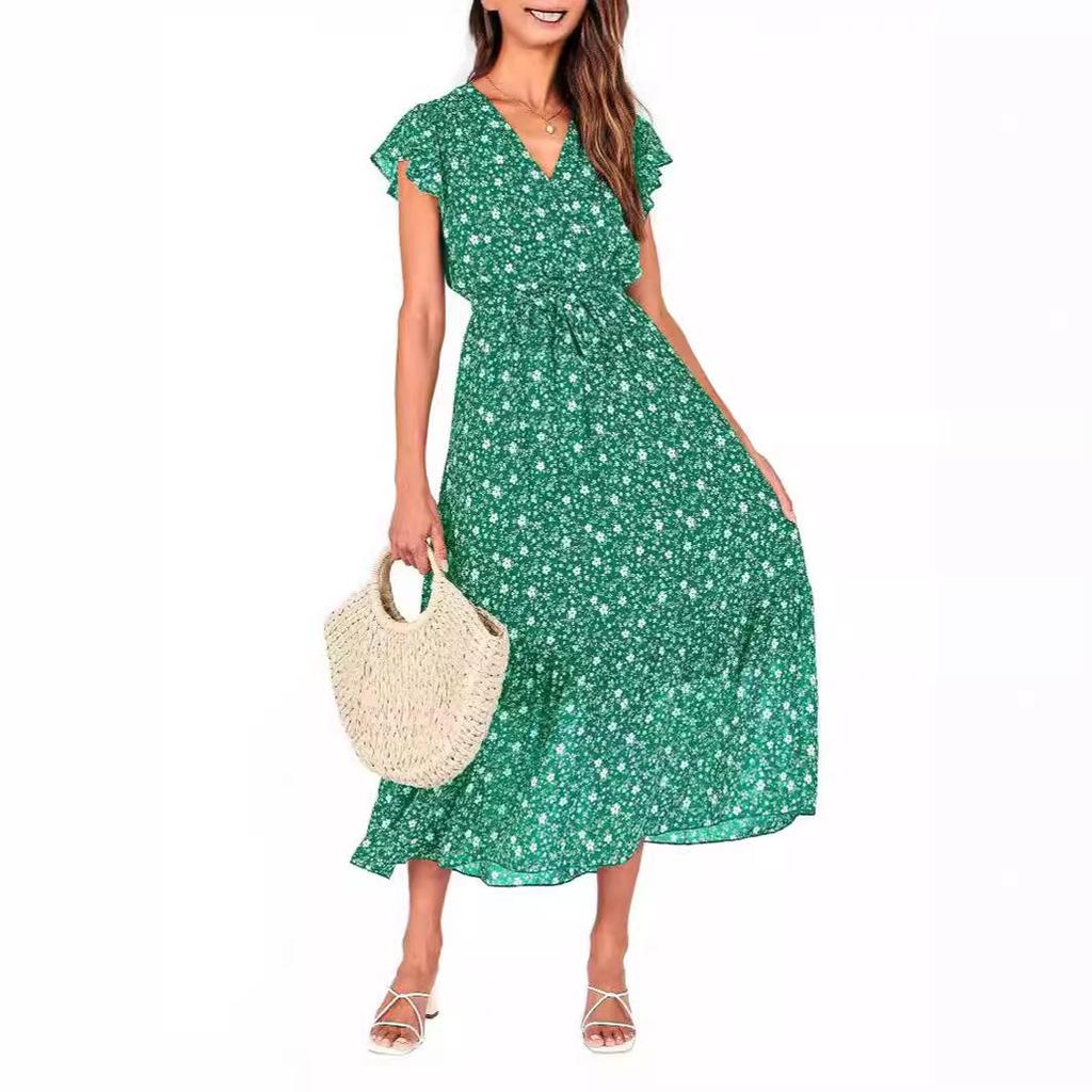 2024 Women's Summer Short-Sleeve Elastic Waist Chiffon Dress