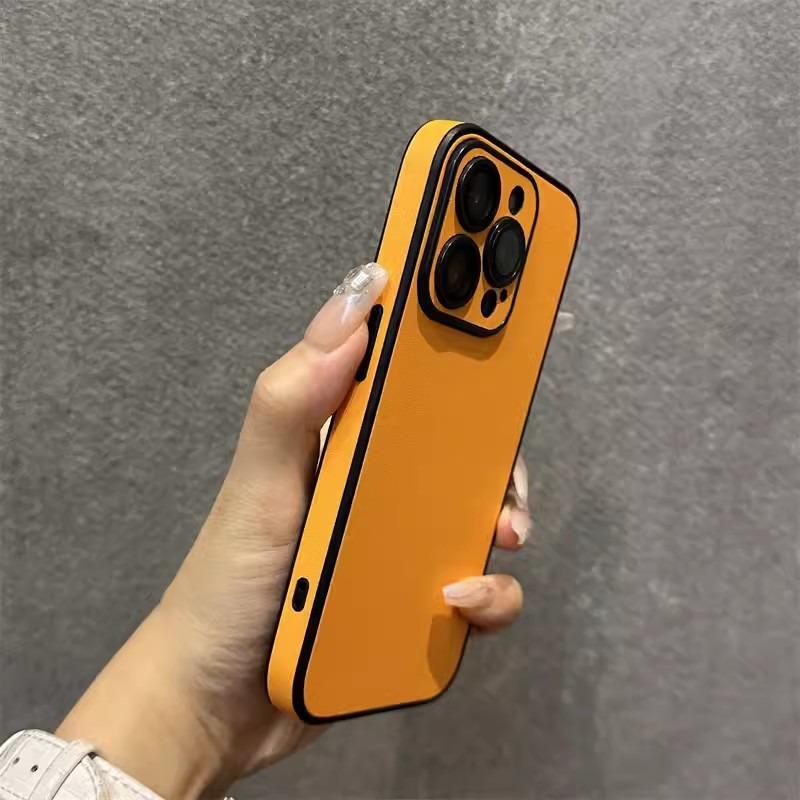 Solid Leather Texture Full Coverage Phone Case With Built In Lens Film For Apple Iphone