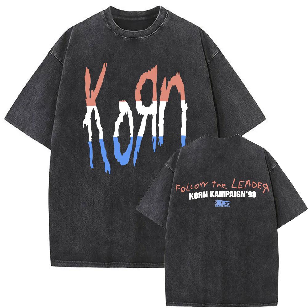 Washed Vintage Rock Band Korn Follow The Leader Double Sided Print Tshirt Rare Nu Metal Music Tees Men Gothic Oversized T Shirt