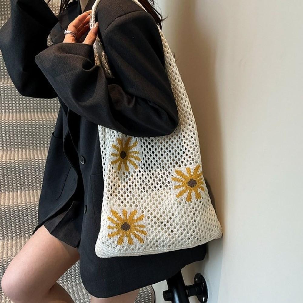 Large Capacity Beach Knitting Bag Flowers Pattern Hollow Shoulder Bag Crochet Tote Bag  Office