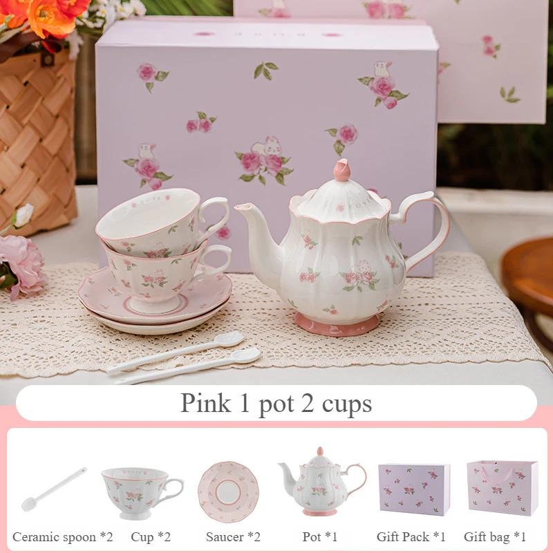 Ceramic Teapot Set Pink Rose Coffee Cup Saucer Espresso Cups Teacup Kitchen Drinkware Coffee Mug Party Presents Birthday Gift