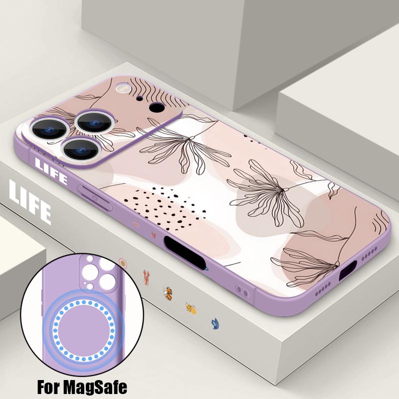 Magnetic For Magsafe Case For iPhone 17 Pro Max Line Flowers Print Soft Silicone Phone Back Cover For iPhone 16 15 14 13 Pro Max 16e 17e