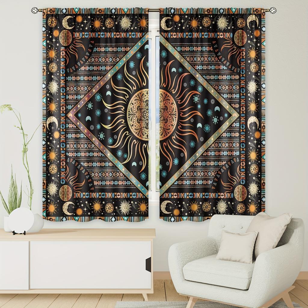 2 Stück Vintage Böhmisch Bedruckt Fenster Vorhang Stangentasche Fenster Vorhang Halbverdunkelnd Dekor Vorhänge Für Wohnzimmer Schlafzimmer Zuhause