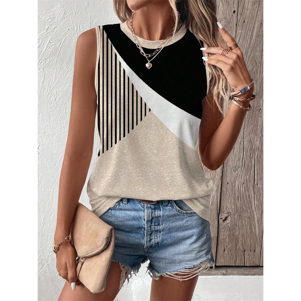 Summer color splicing 3D printing women's fashionable O-neck vest