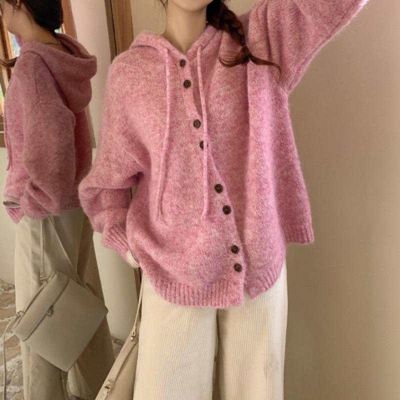 Autumn and Winter New Solid Color Hooded Knitted Cardigan Women's Soft Waxy Loose Lazy Versatile Sweater Jacket