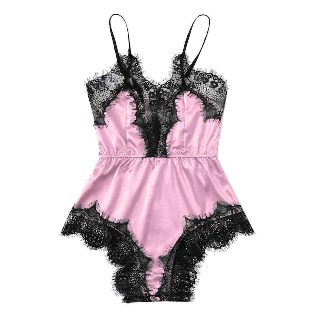 Women Satin Lace Bra Sexy Lingerie Underpant Siamese Sleepwear Bodysuit Babydoll