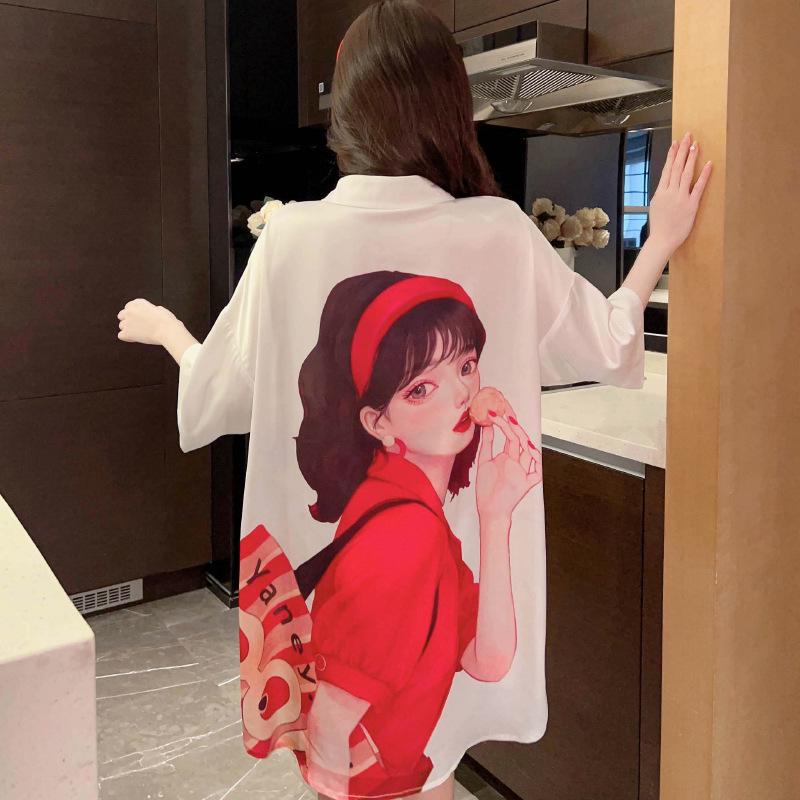 Japanese Ice Silk Red Print Nightdress - Sexy, Lightweight, Summer-Ready Pajamas for Women