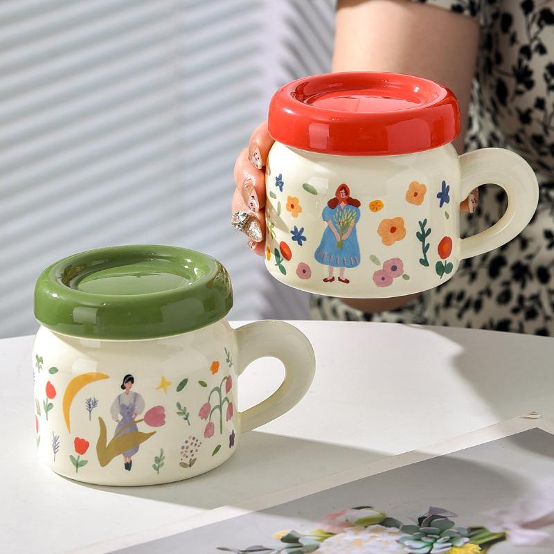 French Ceramic Cup with Lid Flower Bestie Cup with Handle Cute Big Belly Cup Drinking Water Cup Women's Mug