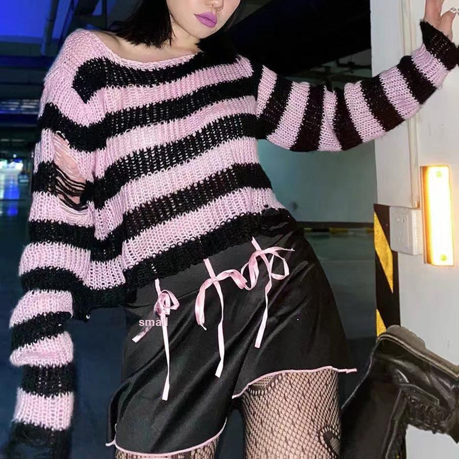 

Ripped Hole Destroyed Short Knit Sweater Women s Couple Striped Loose Punk Dark Style Knitwear One Size рожевий
