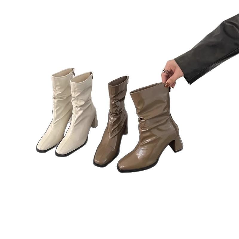 2025 new spring and autumn square head thick heel temperament French high heel elastic thin boots British style pleated stacking boots women
