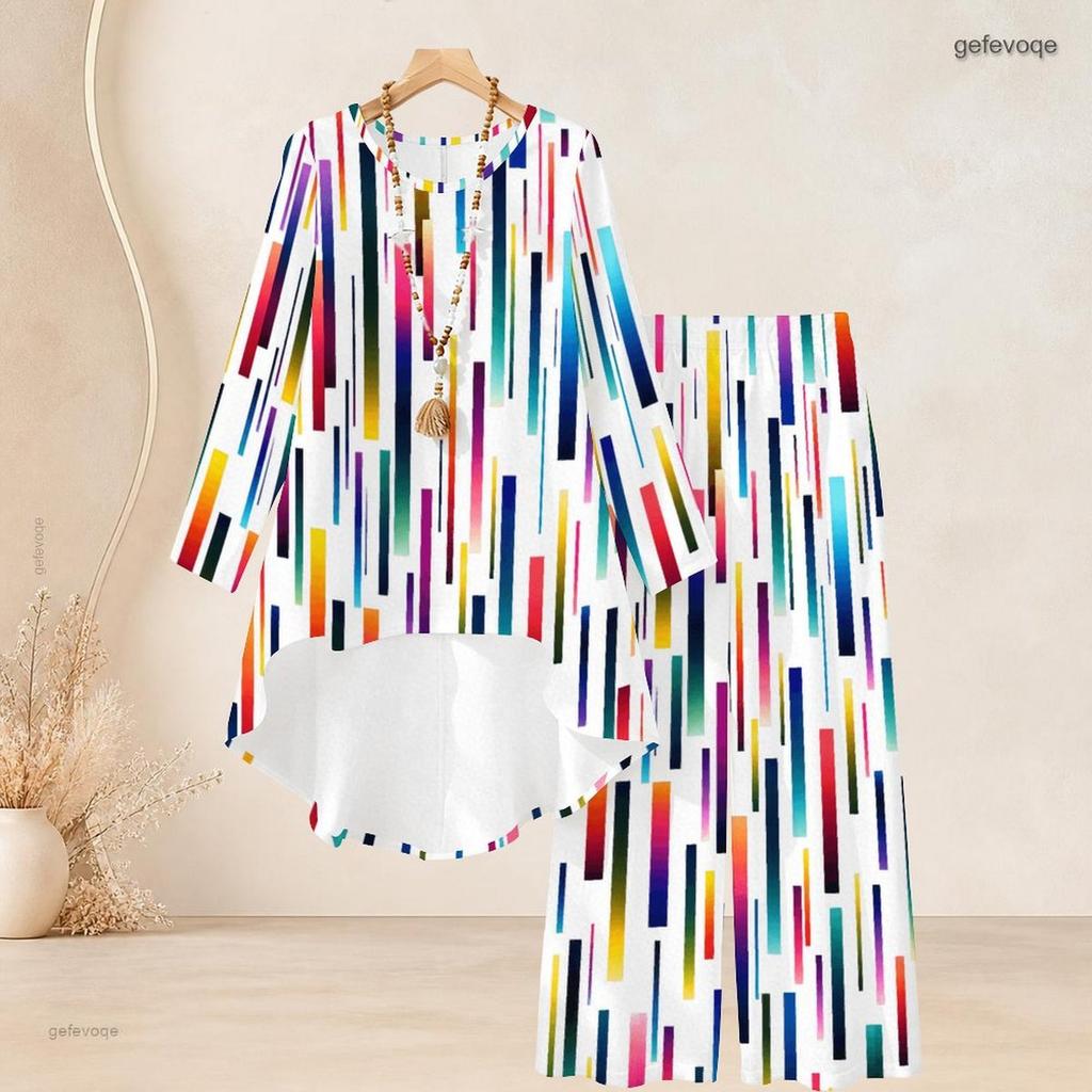 Women Plus Size Round Neck Long Sleeve Printed High Low Top Wide Leg Pants Two Piece Set