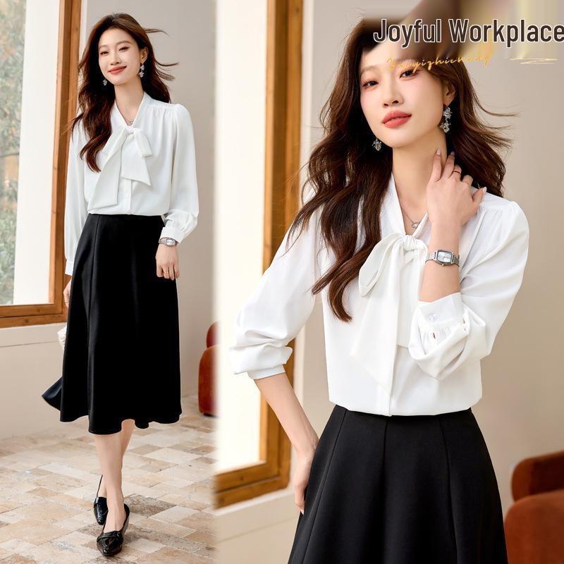 

Women s Long Sleeve Blue Bow Chiffon Blouse - Professional French Workwear 3XL