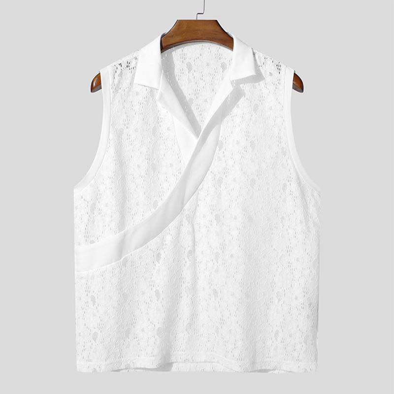 

INCERUN Summer Lapel V Neck Lace Hollow Out Front Cross Casual Tank Tops 2XL белый