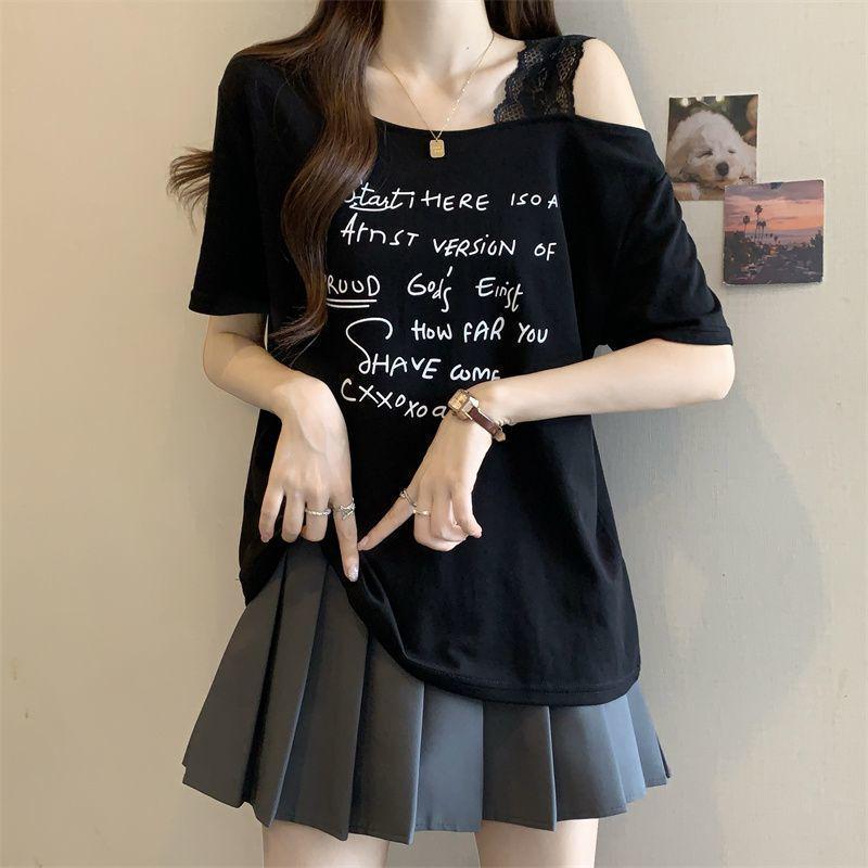 Plus Size Off-Shoulder Letter Print T-Shirt - Women's Summer 2026 Fashion