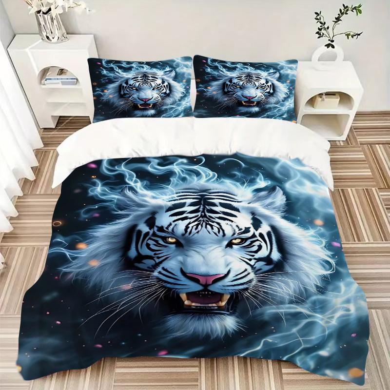 3pcs Flaming White Tiger Printed Bedding Set, Soft and Comfortable Quilt Cover for Bedroom, Guest Room (1 Duvet Cover + 2 Pillowcases, Pillow Cor