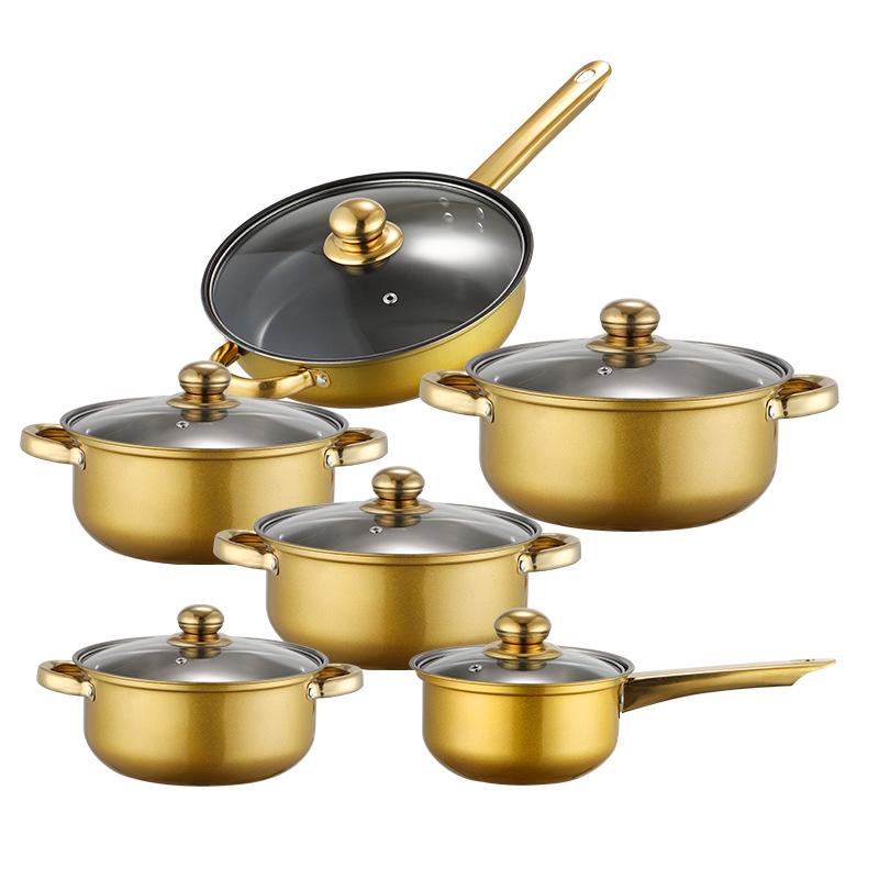 12dílná nepřilnavá sada nerezového nádobí se zlatě pokovenými rukojeťmi