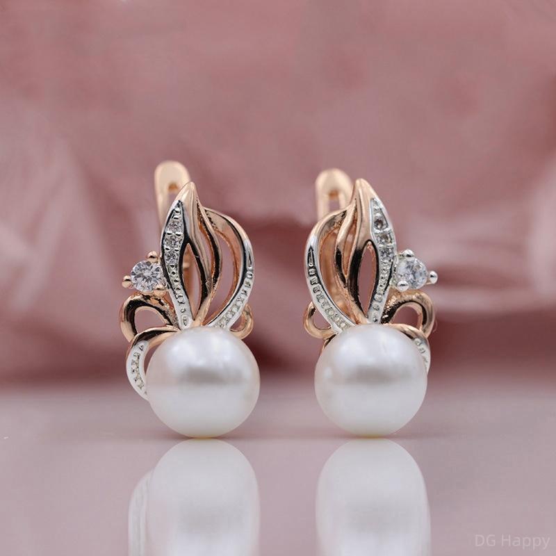Rose Gold Color Imitation Pearl Earrings for Women Hollow Flower Drop Earrings Unique Design Elegant Delicate Bridal Wedding Jewelry