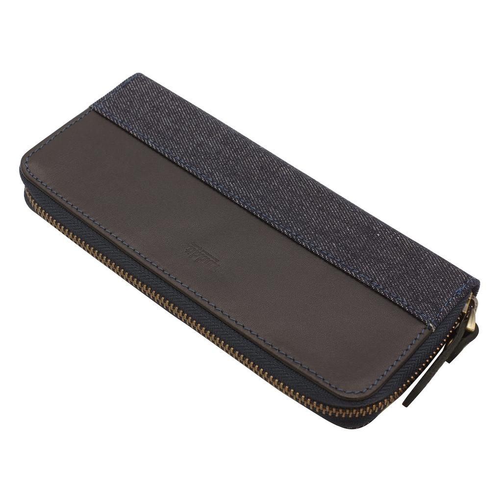 Leather Combination Round Zip Pen Case 2 Denim and Genuine Leather Pencil Case [Black] LDKC-RZP2-01