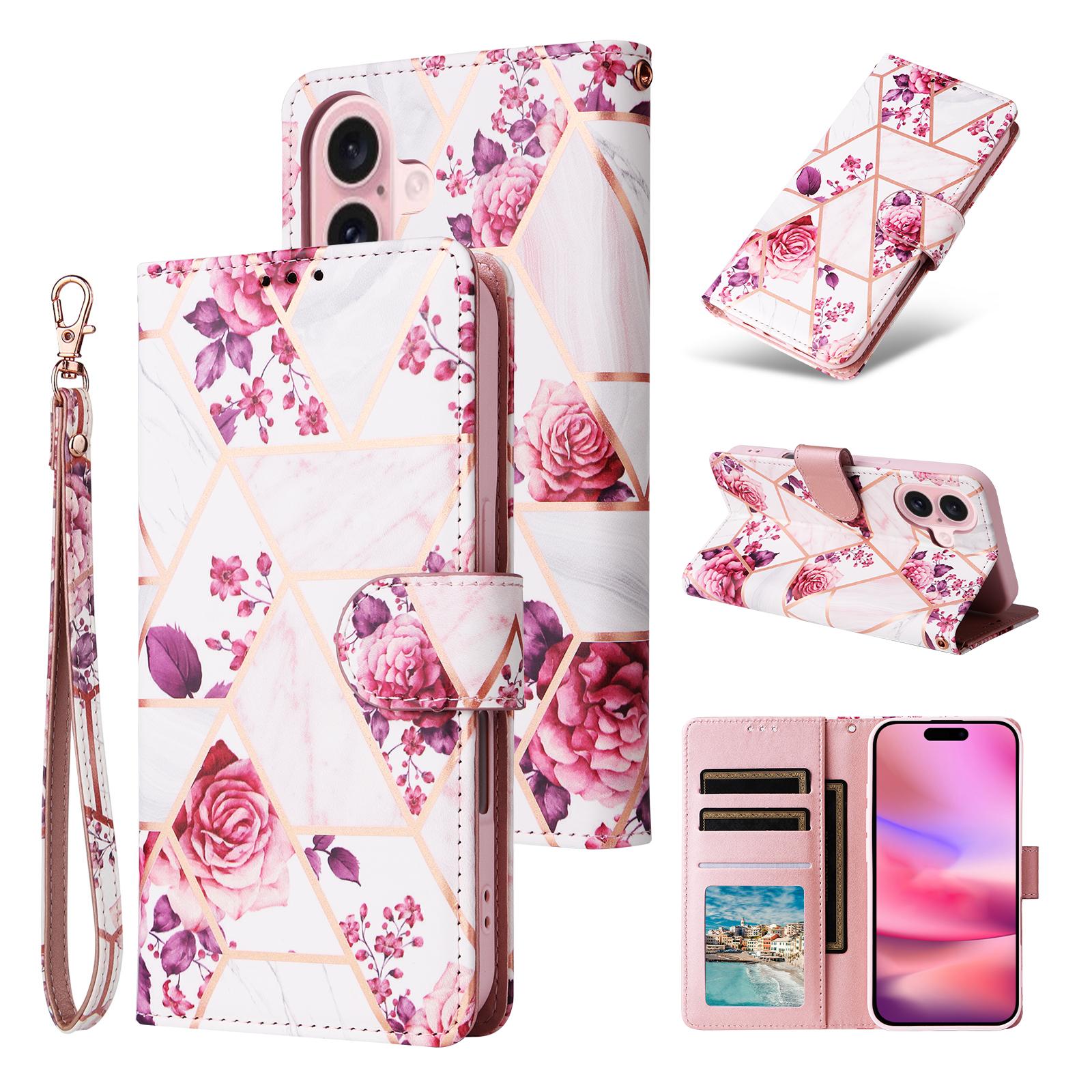 For iPhone 17 Case Lacquered Marble Pattern Leather Phone Cover with Wrist Strap B