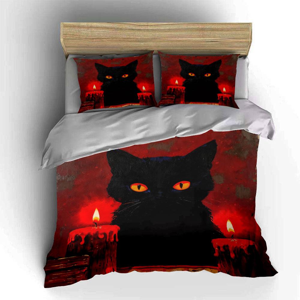 Black Cat Candlelight Decor Set Soft Comfortable Duvet Cover Bedding Set Included 1*Duvet Cover & 2*Pillowcases, Gift