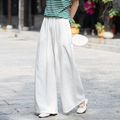 Women Casual Linen Wide Leg Pants Elastic Waist Solid Color Trouser Spring Pockets Loose Vintage Long Pants