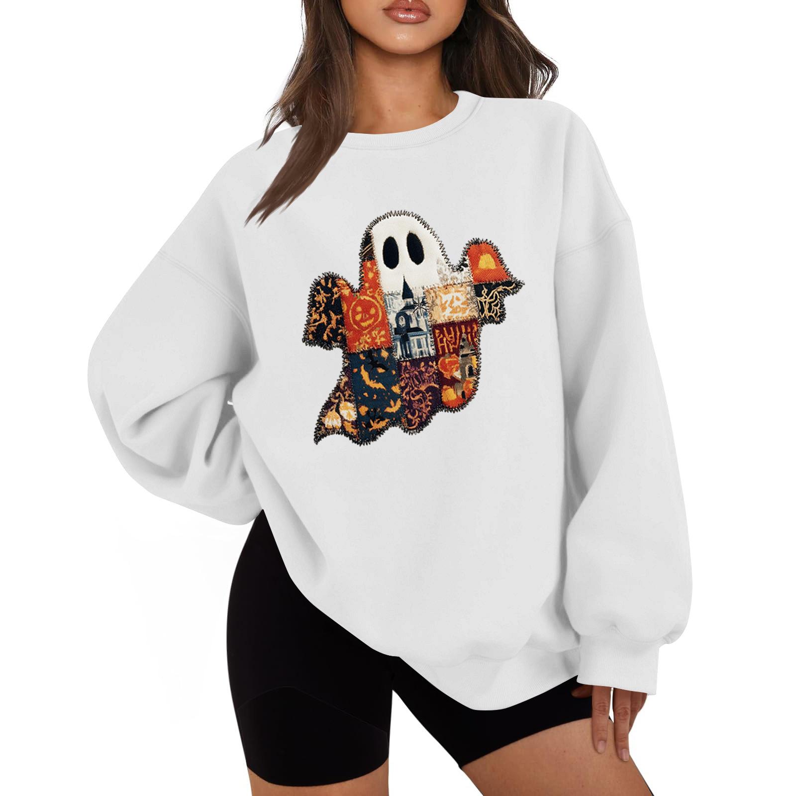 

Женская мода повседневная блузка с длинным рукавом и принтом на Хэллоуин с круглым вырезом L