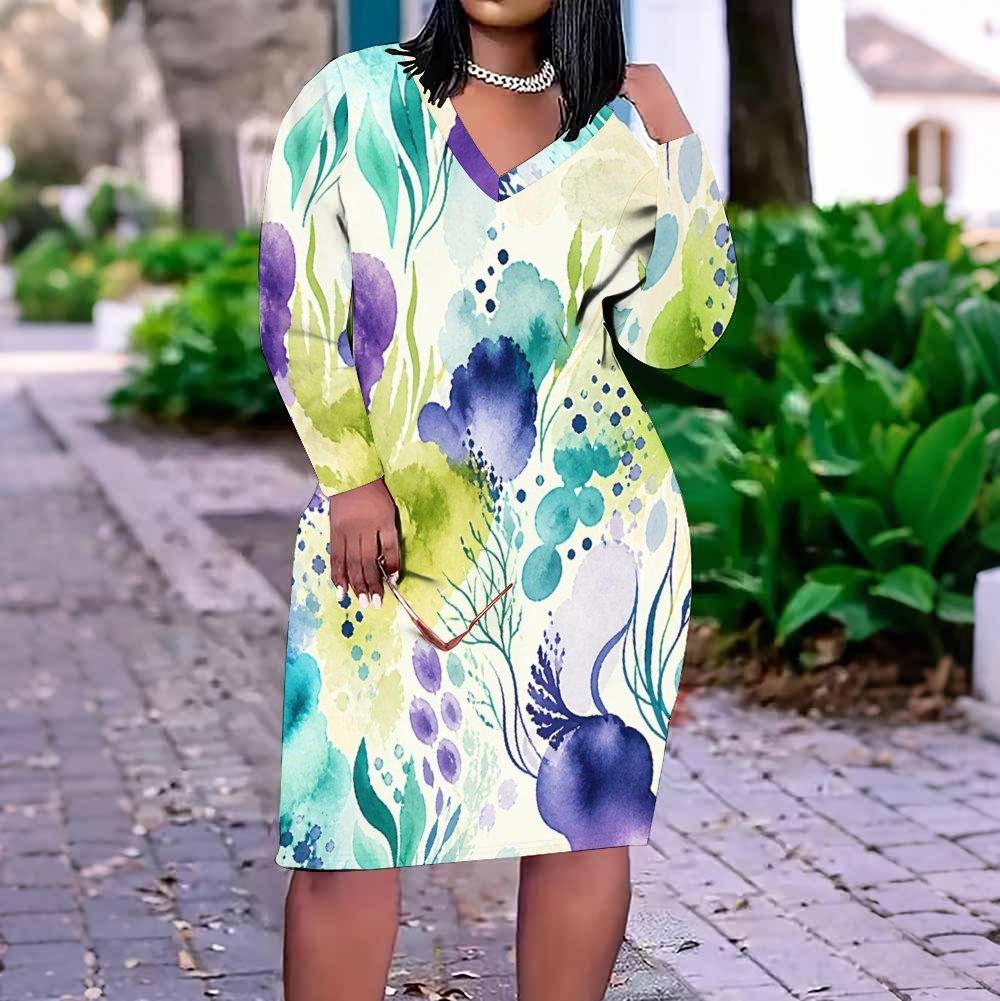 Women Plus Size V Neck Long Sleeve Yellow Brown Tie Dye Printed Straight Midi Dress