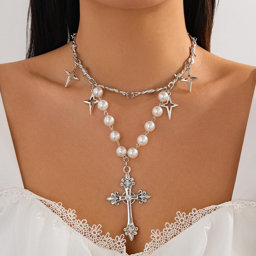 Cyberpunk Cross Pendant Necklace Female, Personalized Metal Rivet Imitation Pearl Clavicle Necklace
