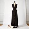 Summer High Waist Black V Neck Long Dress With Slit For Elegant Date Night