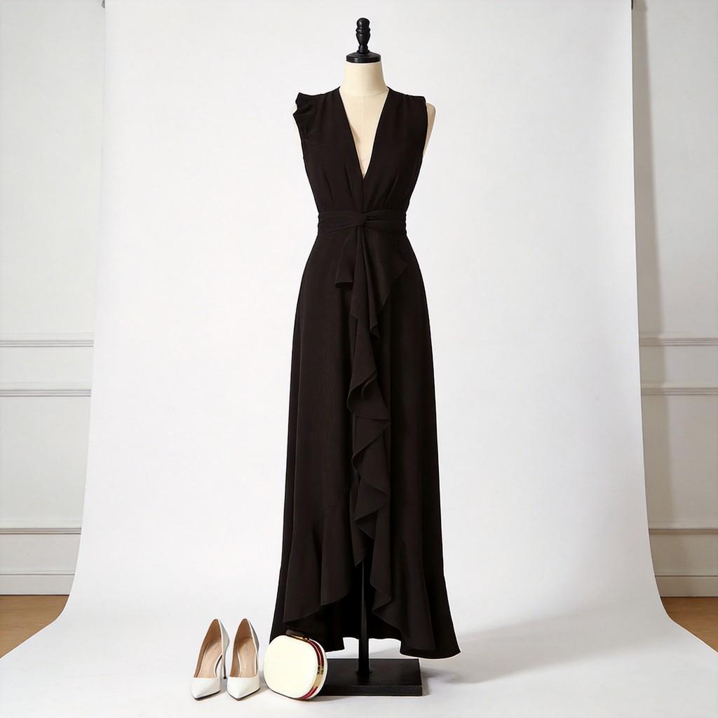 Summer High Waist Black V Neck Long Dress With Slit For Elegant Date Night