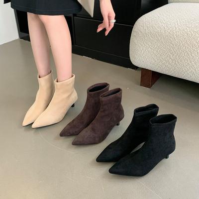 Herbst und Winter spitze dünne Absätze sexy kurze Stiefel Damen schwarzes Wildleder High Heel Sockenstiefel nackte Stiefel elastische High Heel Stiefel