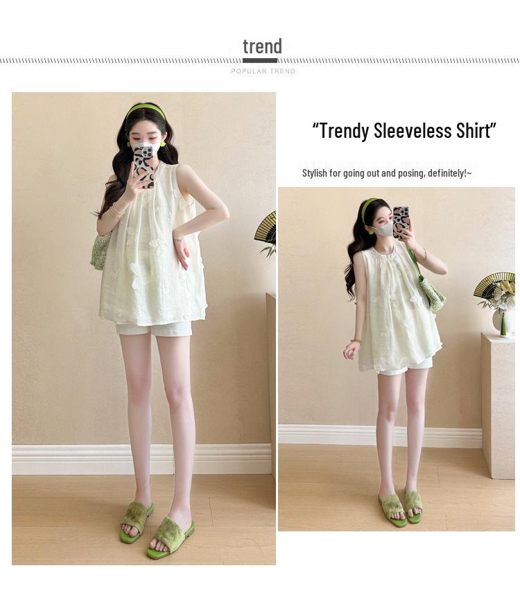 Summer Maternity Embroidered Chiffon Shirt & Tummy Support Shorts Set