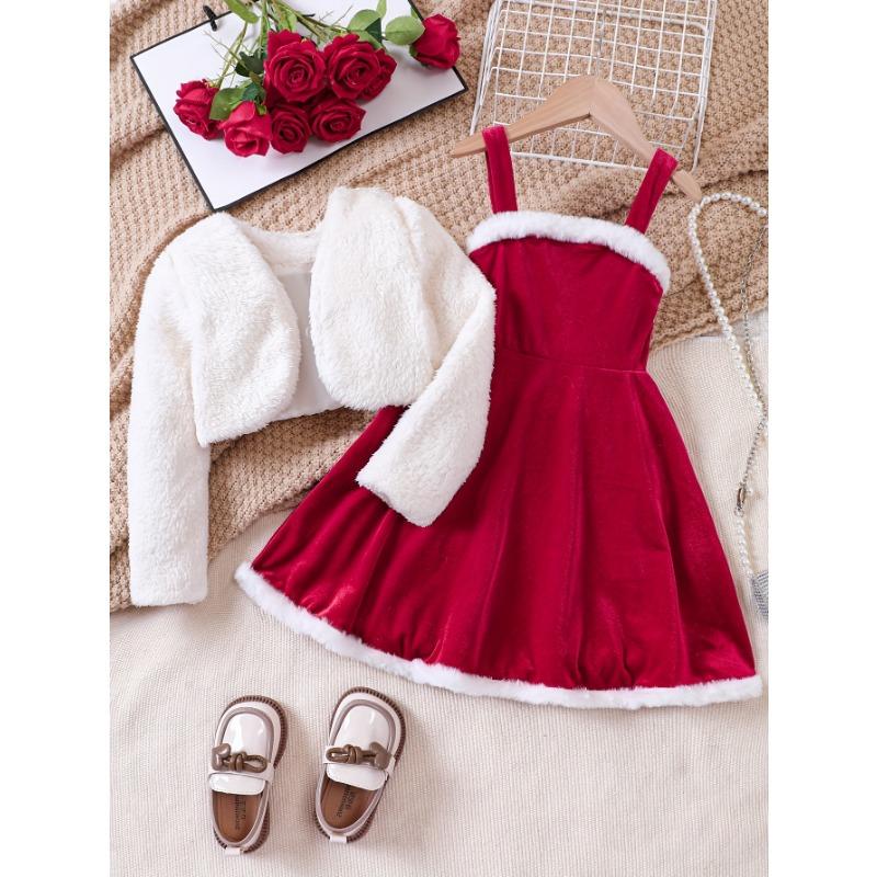 Girls' New Autumn and Winter Christmas Fashion Set Plush Jacket + Velvet Strap Skirt Two-piece, Perfect for Outdoor