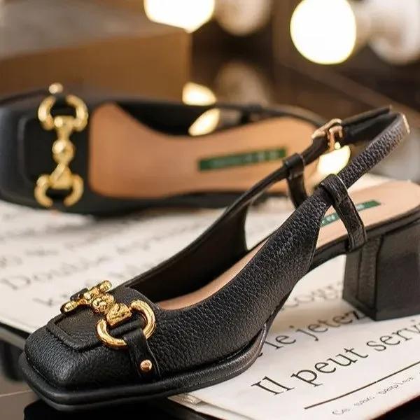 Fashion Large Size 42 Size Retro Square Toe High Heel Sandals for Women 2025 New Horse Bit French Mary Jane Thick Heel Shoes
