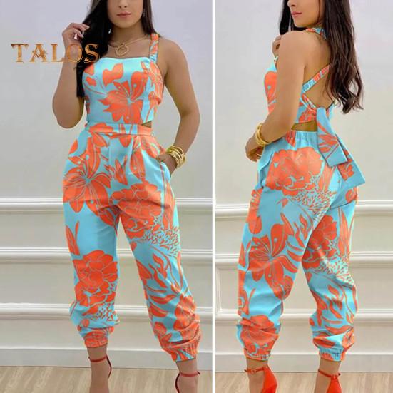 Women Jumpsuit Sleeveless Color Matching Printed Lace-up Bow Cross Back Pockets Ankle-banded Backless High Waist Lady Commute Party