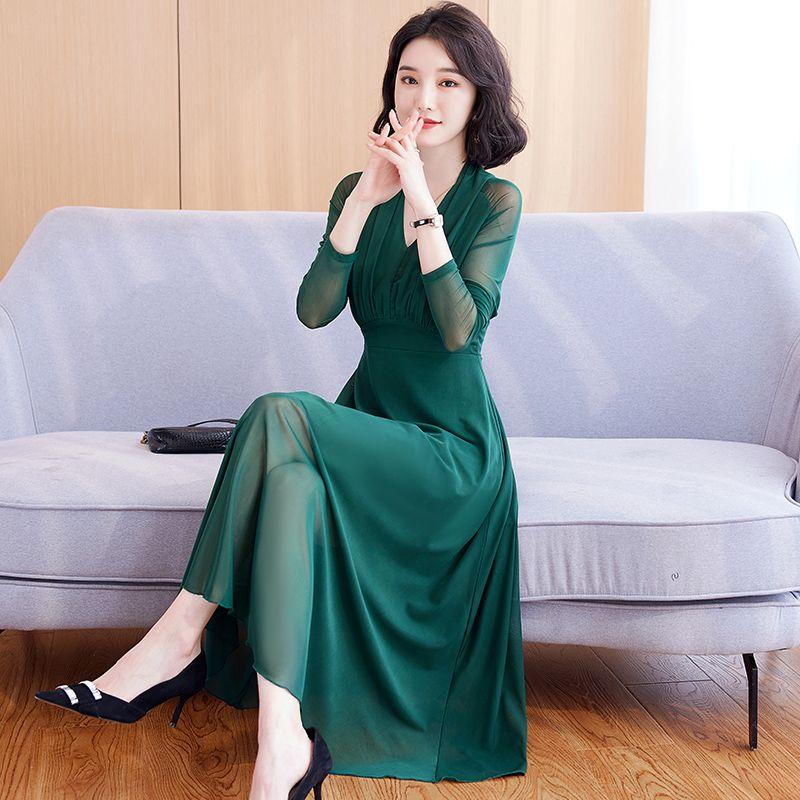 Fashionable Long Sleeve Dress Women V Neck Plus Size Flowy High Waist Elegant Spring Autumn Style
