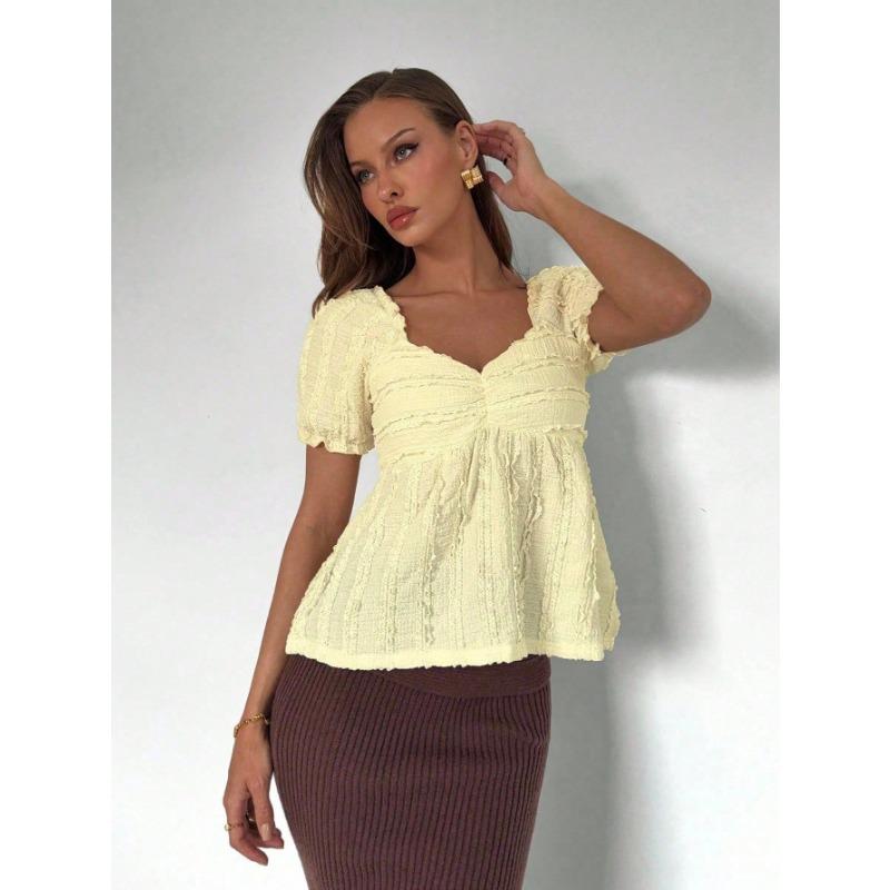 Casual European American V Neck Puff Sleeve Solid Color Loose Short Sleeve T Shirt For Women